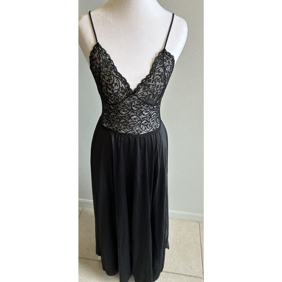 VTG 70s Nightgown Black Lace Bodice Long Maxi Glam Whimsygoth Romantic Flowy USA - Picture 12 of 16